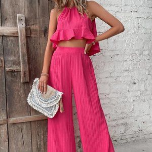 Pink Preppy Womens Ruffle Hem Tie Back Halter Top & Wide Leg Pants